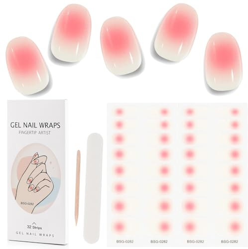 Kalolary 32PCS Cured Gel Nail Polish Strips, Adhesive Full Wrap Gel Nail Art Sticker, Waterproof Gel Nail Wrap Stickers with Nail File and Stick(UV/LED Lamp Required) (Pink Transparent)
