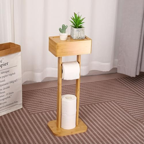 Toilet Roll Holder, Free Standing Toilet Paper Holder Stand with Top Storage Shelf Box, Bamboo Freestanding Toilet Tissue Paper Roll Holders, Bathroom Floor Standing Toilet Roll Dispenser Organizer