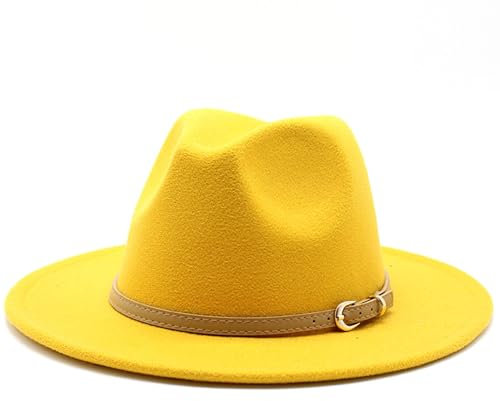 LAANCOO Plain Felt Cowboy & Cowgirl Hut klassischer Breitkehne Fedora für Frauen Gürtel Panama Hut Filzhut gelb gelb