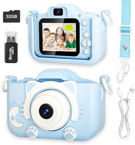Appareil Photo Enfant Numérique, Jouet Fille 3-12 Ans, Rose, Double Objectif, Carte SD 32 Go, Étui en Silicone, Écran IPS 2,0 Pouces, Vidéo HD 1080p - Cadeau Fille de Noël et d'anniversaire (Bleu)