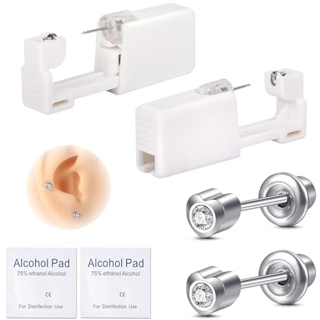 AVYRING 2 stycken öronhålsstekare set och tillbehör Surgical Steel Engångs-öronhålspistole för damer & herrar, smärtfri piercing pistol, självpiercing set örhängen, silver guld, 4 mm, Rostfritt stål