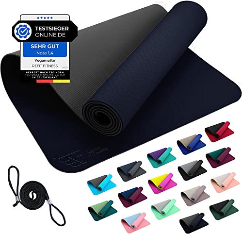 REFIT TPE Sportmatte Fitnessmatte 190 x 60 x 0,6 cm rutschfeste Gym Matte Mat für Yoga Fitness Pilates Gymnastik Sport Yogamatte Gymnastikmatte Turnmatte Bodenmatte Pariserblau Schiefergrau