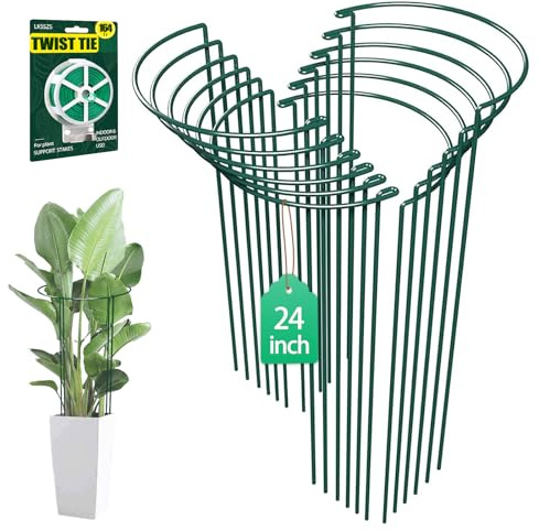 LKSSZS 12 Pack 24 inch Plant Support Stakes, Half-Round Metal Garden Flower Stakes, Large Peony Support Ring and Cage for Indoor and Outdoor Plants, Hydrangea, Tomato, Rose, Monstera with Plant Ties