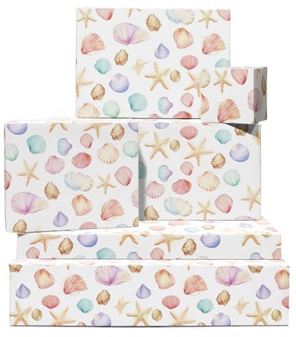 Geschenkpapier Weiß – Pastellfarbene Muscheln – 6 Bögen Geschenkpapier Zum Geburtstag Für Mädchen – Geschenke Zum Thema Strand – Sommer – Ästhetisch – Urlaub – Von Central 23