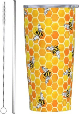 Perinsto Cute Bees And Yellow Honeycomb 20oz Travel Tumbler With Lid And Straw, Stainless Steel Tumblers Insulated Coffee Cup Mug Gift For Men Women