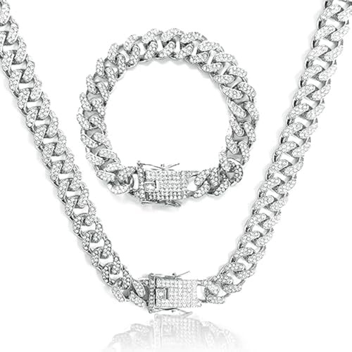 GoPaw Ketten für Herren 12 MM Cuban Link Chain Iced Out Kette Halskette für Männer Gold Silber Miami Cuban Link Choker Halskette Armbandr Unisex Hip Hop Schmuck Geschenk 50/55/60cm (Silber, 60)