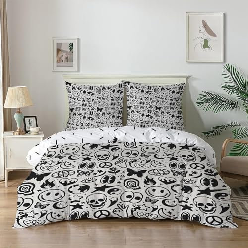 dyausi Bettwäsche 135x200 Schwarz und Weiß Emoji Doodle Symbole Bettwäsche-Sets Weiche Microfaser Wende Bettbezug 135 x 200 und 2 Kissenbezug 80x80 cm mit Reißverschluss Stilvoll