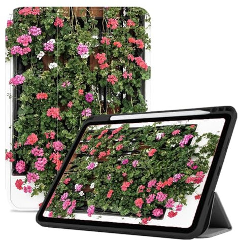 Case for iPad Pro 12.9 inch 6th/5th/4th Gen, Protective Cover for iPad Pro 12.9 2022 2021 2020, Tablet Case with Auto Sleep/Wake + Pencil Holder - window sill full of flowers