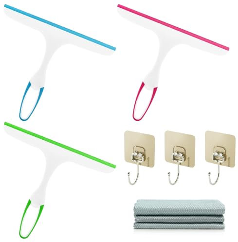 Littlegaofeithing 3 Pcs Raclette de Douche,Raclette Polyvalente, pour Miroir, Salle de Bains, Fenêtre, Sol, Verre-Bleu, Vert, Rouge avec Tissu de Verre