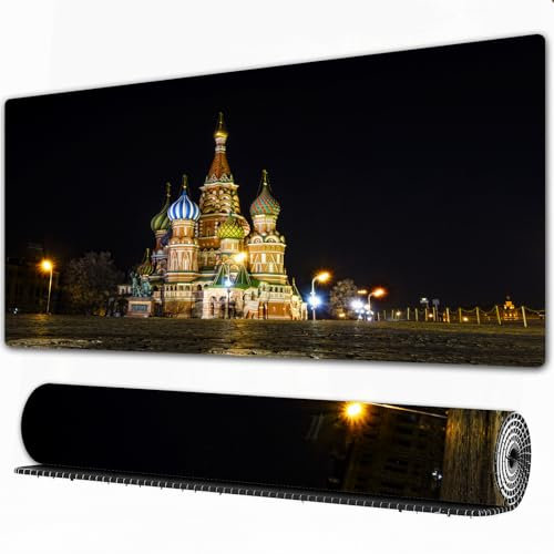 EOMKSE Mauspad Verlängertes großes Mauspad Schreibtischauflage,genähte Kanten Mauspad,Gummibasis,Fantasievolle Bunte Schlossnachtszene. Basilius-Kathedrale Moskau Russland mit,Gaming-Mauspad,40x75 cm