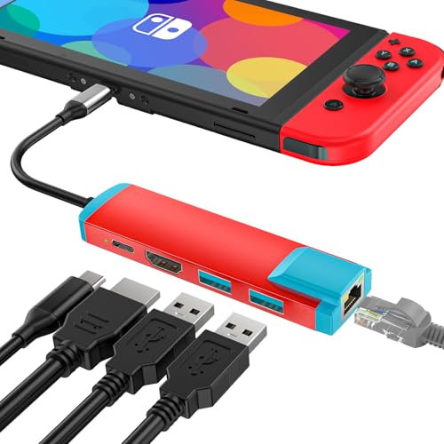 Adattatore da USB C a HDMI per switch e switch OLED, ricambio per dock switch ufficiale, docking station USB C con porta HDMI 4K a 60Hz, porta di tipo C, porta USB 3.0, LAN 1000M