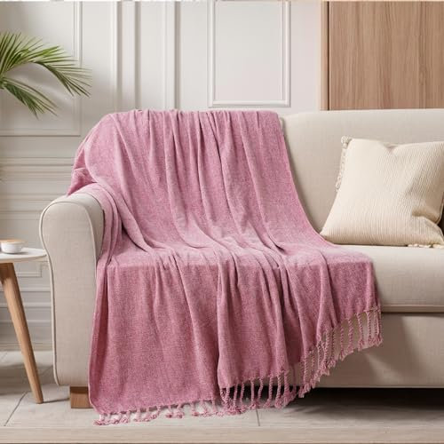 BATTILO HOME Pink Throw Blanket for Sofas Bed, Soft Decorative Fringe Chenille Knit Throws for Settees, Blush Pink Sofa Throws Bed Blankets, 130×150cm