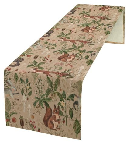 JanJCurt Rustikaler Wald-Tischläufer, Retro-Hütte, Märchen, Wald, wilde Tiere, Hase, Eichhörnchen, Druck, Tischläufer für Küche, Esszimmer, Heimdekoration, Kranz, Party-Dekoration, 33 x 152,4 cm