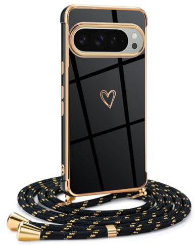 Mkej Funda para Google Pixel 9/9 Pro con Cuerda, TPU Suave Silicona diseño de corazón con Chapado en Oro de Lujo, Funda Google Pixel 9/9 Pro Cuerda para Mujeres y niñas, Oro Negro