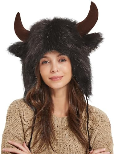 Sombrero de búfalo de agua,Gorro de Felpa con Orejeras y Cuernos - Sombreros de animales, gorros con orejas peludas para aventuras al aire libre, Halloween, Navidad, cosplay de animales, fiesta temáti