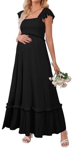 OUGES Femme 2025 Robe d'allaitement été Manches Volantes Boho Maxi Robe de Maternité pour Baby Shooting Photo Mode Grossesse