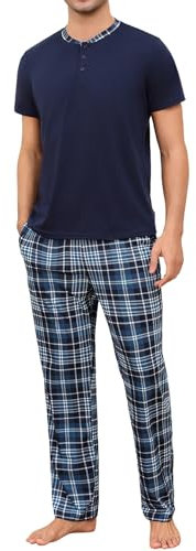 Aseniza Pyjama Homme Coton Ensembles de Pyjama Homme Doux Haut à Manches Courtes Col Rond et Pantalon à Carreaux Long Deux pièces Vêtements de Nuit Confortable Loungewear Bleu Marine XXL