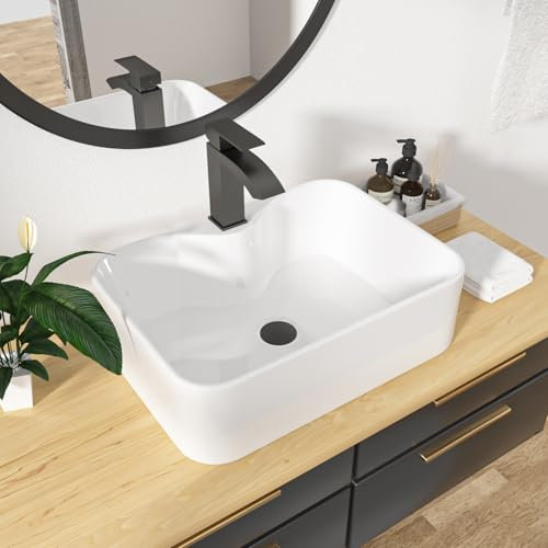 Kichae Rechteckiges Badezimmer-Waschbecken mit Wasserhahn, 48,3 x 38,1 cm, Kombi, Porzellan, Keramik, weiß, Waschtisch über der Theke, modernes Waschbecken mit Wasserhahnloch für WC,