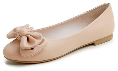 Feversole Women's Round Toe Cute Bow Trim Ballet Flats Dolly Shoes Nude Vegan Leather 5 UK