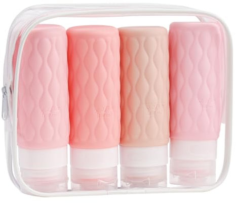 YoHyien 4 Pièces Flacons de Voyage en Silicone, Contenant Voyage 100ml avec Trousse de Toilette, Recipient Avion Cabine sans BPA, Kit Voyage Produit Toilette pour Cosmétique, Shampoing (Rose)