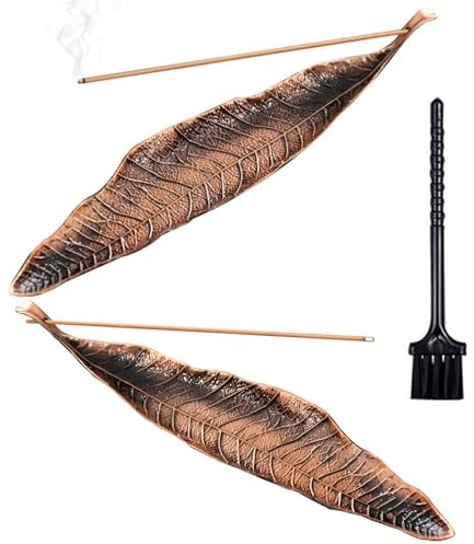 Bronze Räucherstäbchenhalter Metall Blätter,2 Pcs Räucherstäbchen Halter Zink Legierung Ash Catcher Blätter Metall Räuchergefäß mit Einem Mini-Besen für Yoga Meditation Büro