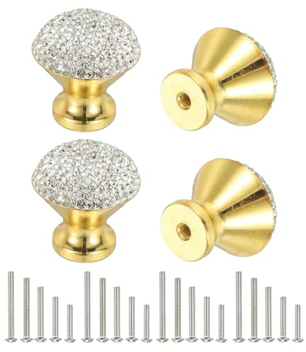 sourcing map Drawer Knobs,4Pcs 1.1 Inch (28mm) Diameter Bling Diamond Decoration Cabinet Knob, Round Rhinestones Pull Handle with Screws for Home, Office, Kitchen (Gold Base + White Diamond)