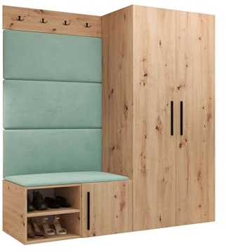 Mirjan24 Garderoben-Set Mapreni I, Schuhschrank + Kleiderhakenbrett + Kleiderschrank Gepolstertes Paneel/Wandpaneel Kleiderhaken Flurgarderobe Wandgarderobe (Artisan Eiche, Manila 11)