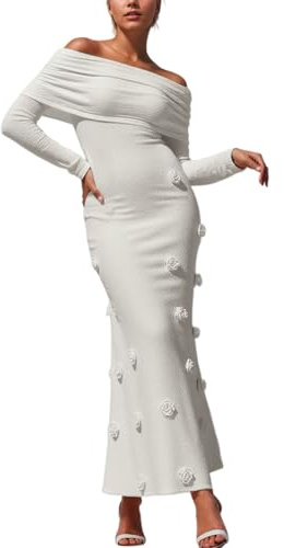 Vhersily Robe Blanche Hors de l'Épaule Élégante à Fente 3D Moulante à Manches Longues Robe de Mariée Invité de Soirée d'Été, Cocktail, Discothèque, Robes Adaptées à Porter à un Mariage