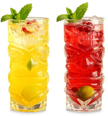 Huucozn 2 set Cocktailgläser Transparente tiki gläser Cocktail Margarita Gläser 420ml/14 oz Tiki-Gläser Bar-Tiki-Cocktailgläser tiki Becher mit Edelstahlstrohhalm für Exotische Cocktails Mai Tai