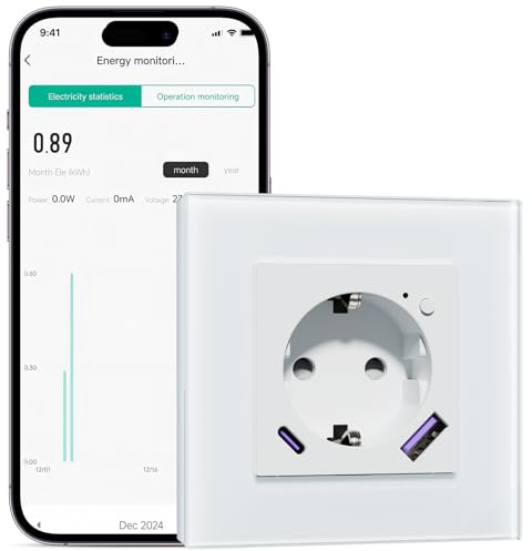BSEEDLIFE Wifi Steckdose Unterputz Wandsteckdose mit intelligenter Energieüberwachung, Glassteckdose mit USB-A$USB-C, APP-Steuerung Arbeit mit Alexa/Google Home, Zeitpläne, Timer... Weiß