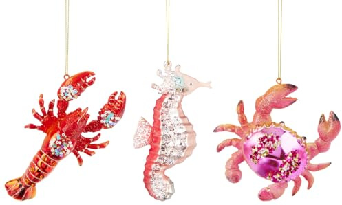 itsisa Baumschmuck Meerestiere (3er Set) - Hummer, Seepferdchen, Krebs - Baumdeko Meer Küste, Hängedeko, Weihnachtsdeko, Christbaumschmuck, Weihnachten