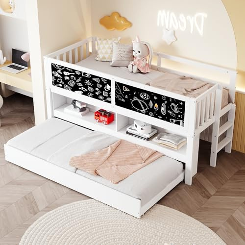 TOBIDOEN Kinderbett 90x200 cm mit Ausziehbett, Bett mit Kritzeleienbrett und Lattenrost, Staufächer im Offenen Stauraum, Kinderkletterleiter, Massivholz Etagenbett, Ohne Matratze, Weiß