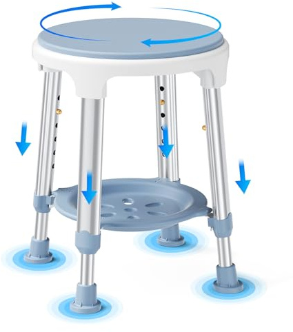 Shower Stool for Inside Shower, with Storage Shelf, 360° Swivel Stool Shower Chair for Elderly Seniors & Pregnant Women & Disabled, 6 Level Adjustable Height 42–54 cm, Anti-slip Rubber Feet (180 kg)