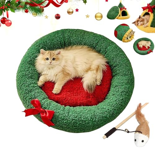Pawsmas - Cuccia a forma di albero di Natale, triangolare, per gatti, cani, animali domestici, per dormire, nascondersi, giocare (L(60 x 60 cm), rotonda)