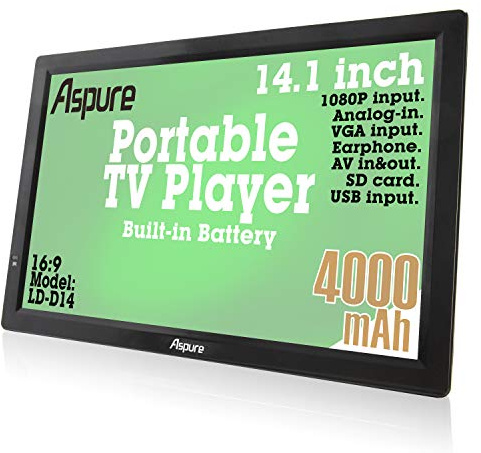 aspure Televisor portátil de 14 pulgadas con antena, color negro | Batería integrada de 4000 mAh, entrada HDMI/USB/TF, con antena, para camping, patio, cocina RV