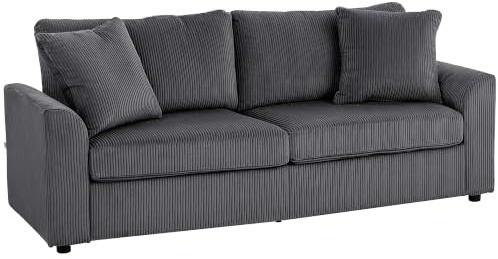 HOMCOM Sofá de 3 Plazas Tapizado en Pana 212x80x88 cm Gris Oscuro | Sofá de Salón, 2 Almohadas, Reposabrazos, Cojín de Muelles, Diseño Moderno, Sala de Estar Dormitorio