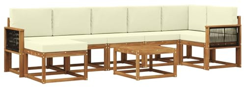 vidaXL Outdoor-Sofagarnitur mit Kissen 8 pcs Natur und Creme Polyester, Modernes Garten-Sofa-Set, Flexible Sitzgelegenheiten, Akazienholz, Lounge für Poolbereich, schnell zusammengebaut