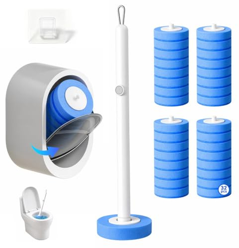 Escobillas de Baño Desechable con 32 Recambios, Soporte de Pared, Mango Ergonómico, Apertura/Cierre Automático, Giro 360° para Inodoro, Bañera, Lavabo y Cocina, Escobilla WC Higiénica
