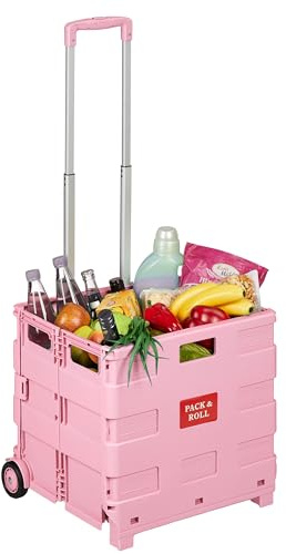 Relaxdays Einkaufstrolley, zusammenklappbar, Einkaufskorb mit Rollen, rosa | Teleskopgriff, bis 35 kg, Klapptrolley
