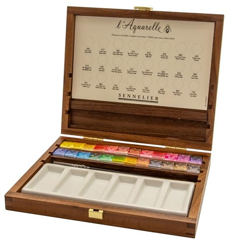 Coffret en noyer de 24 demi-godets d'aquarelles extra-fines + accessoires