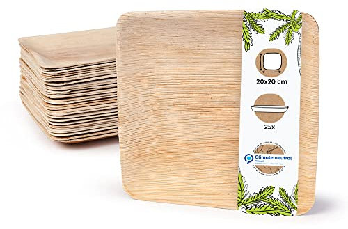 BIOZOYG Palmware DTW05359 Plato de Hoja de Palma, 25 uds, Cuadrado, 20x20 cm, Biodegradable