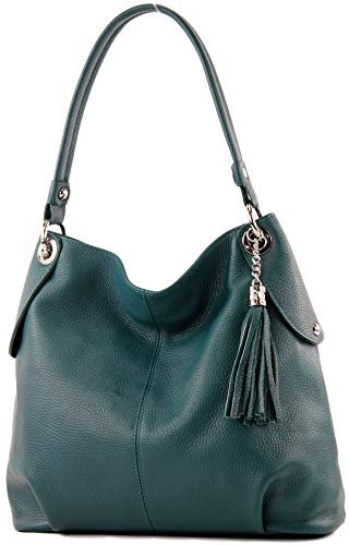 modamoda de T185 Damen Leder Schultertasche Handtasche handmade in Italy, Farbe:Petrol