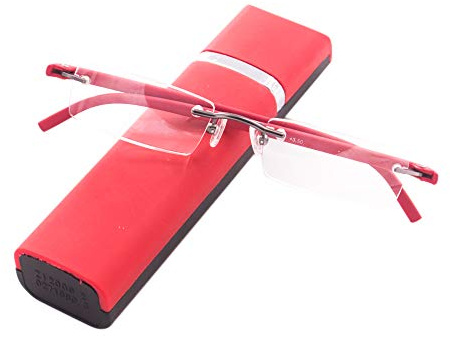 KoKoBin Ultraleichte TR90 rahmenlose Lesebrille mit Brillenetui Lesehilfe für Damen und Herren(rot,+2.0)