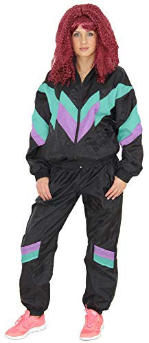 Foxxeo 80er Jahre Kostüm für Damen Premium 80s Trainingsanzug Assianzug Assi – Damen Größe S-XL - Fasching Karneval Anzug, Farbe schwarz-grün-lila, Größe: M