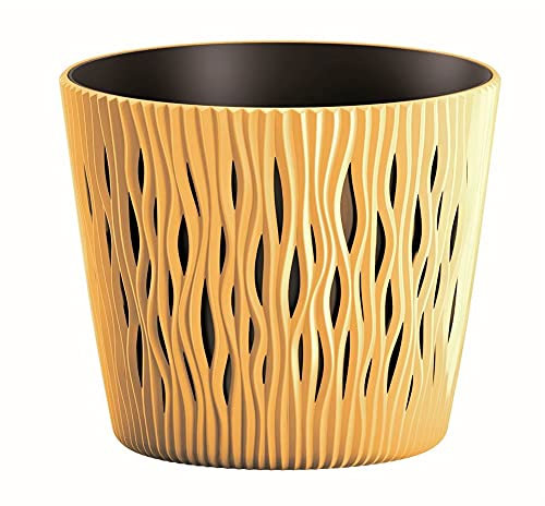 Prosperplast Sandy Round Flower Pot Planter 2-in-1 incl. Round Plastic Plant Pot (158 mm, Mustard)