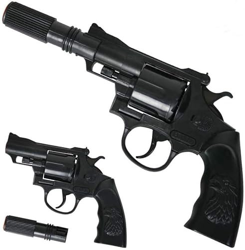 KarnevalsTeufel Sheriff Revolver Pistolet jouet revolver 12 tirs, munitions à anneaux, Colt avec course courte, avec extension pour volver de fond cowboy, ranger, gilet sauvage, noir