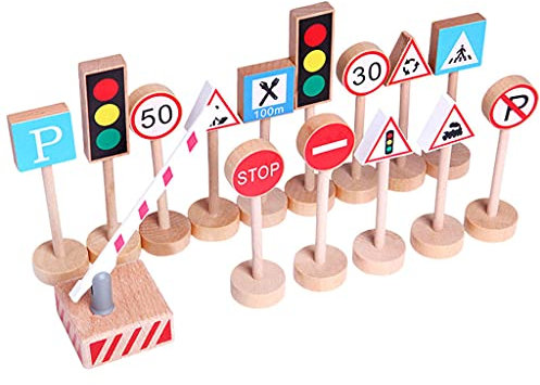 F Fityle 15 Stücke Straße Verkehrszeichen Spielset Verkehrszeichen Spielset Mini Holz Ampel Spielzeug Verkehrszeichen für Kinder Spielen 2 3 4 Jahre alt