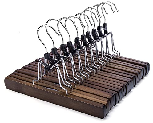 Wooden Pants Hangers 10 Pack Non Slip Skirt Hangers, Smooth Finish Solid Wood Clamp Hangers Hair Extension Hangers Jeans/Slack Hangers with 360° Swivel Hook (10Pcs, Retro)