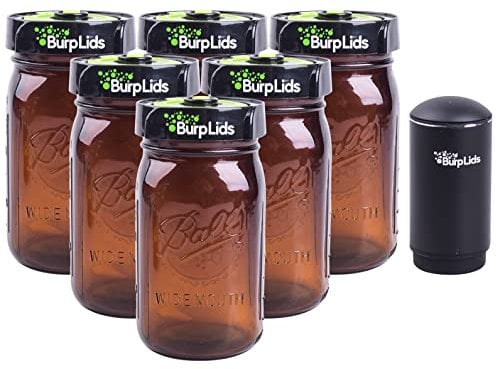 Burp Lids 6 Pack 32oz Amber Jars Curing Kit With NEW AUTO PUMP - Fits All Wide Mouth Mason Jar Containers - 6 lids + 6 Amber Glass Jars + Electric Auto Pump. Vacuum sealed for successful cure.
