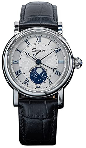 Moonphase Automatische mechanische Herrenuhr Armbanduhren Möwenwerk ST2108 wasserdichte Uhr Saphirglas Uhren, blau, Retro